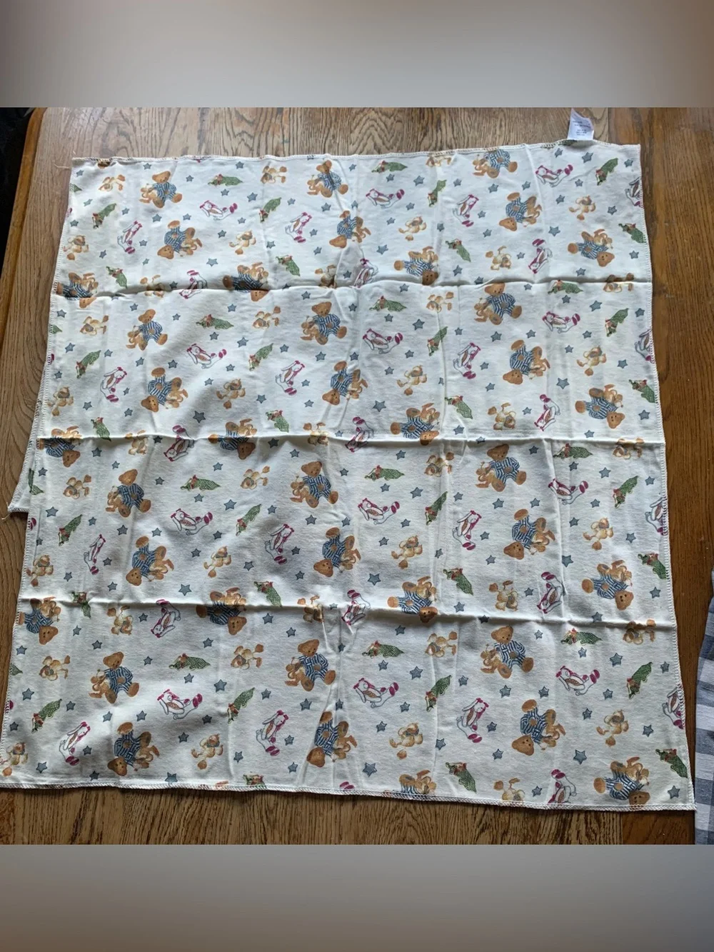 2 Vtg Blue Jean Teddy Bears Springs Industries Cotton Flannel Receiving Blankets